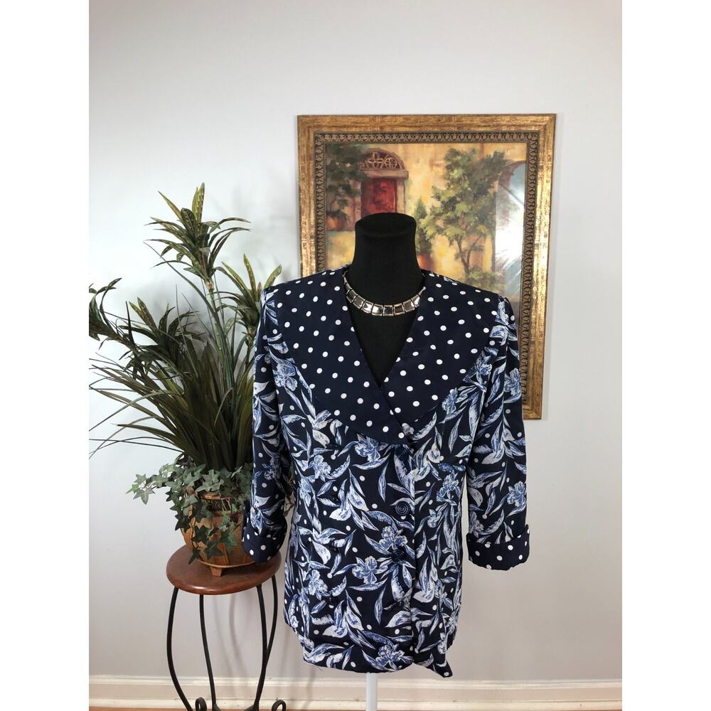 Cheminee Blazer Women's 9-10 Black Floral Collared Double Breasted Tailored Chic